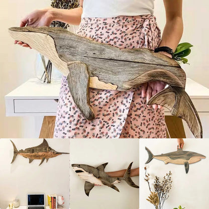 Wooden Sea Fish Decor Statue Whale Figurine Sculpture Ornament Wall Hanging Rustic Decor Home Living Room Bedroom Sculpture