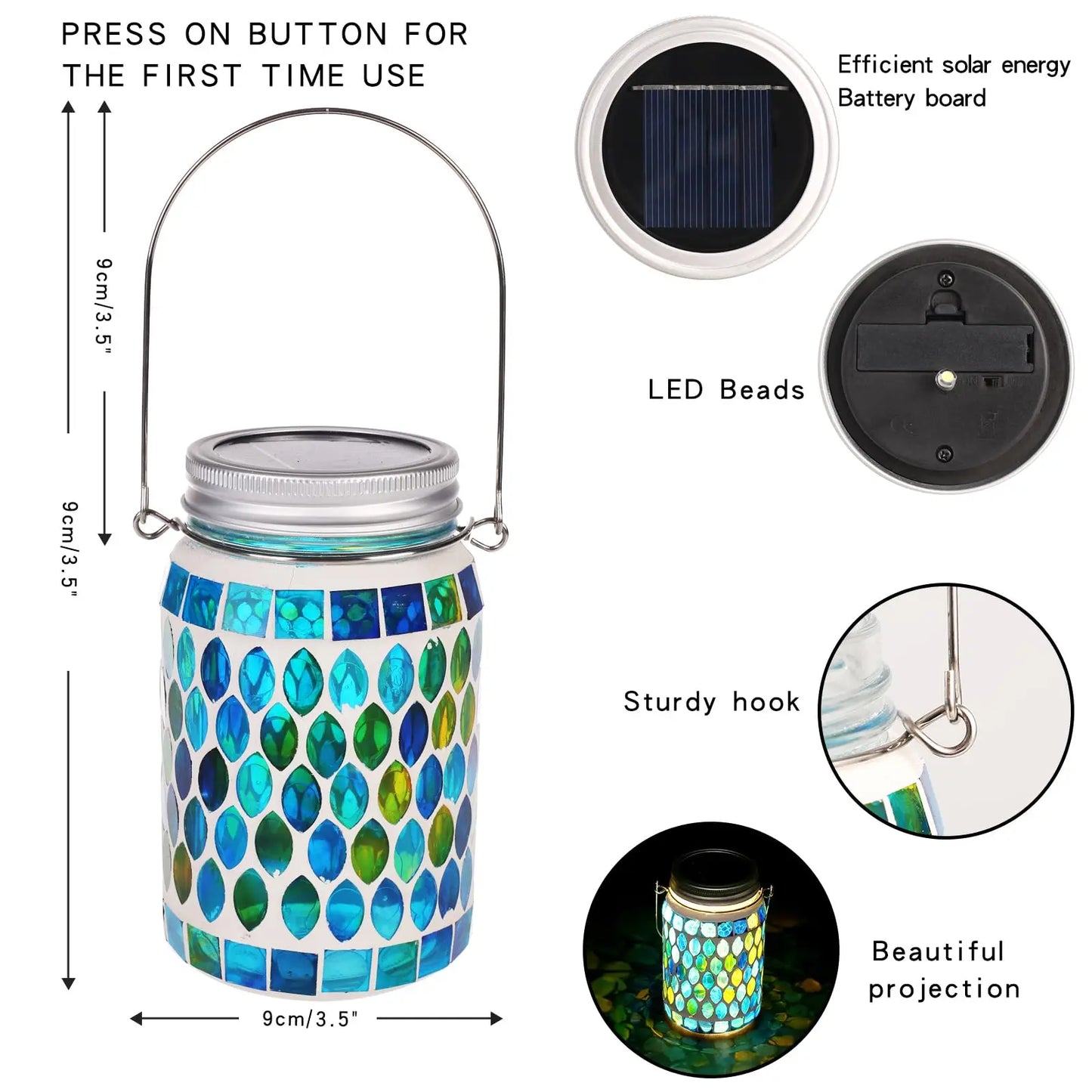 Mosaic Solar Powered Lanterns for Outdoor Hanging Mason Jar Glass Bottle Lights Waterproof for Garden Patio Pathway & Yard Décor