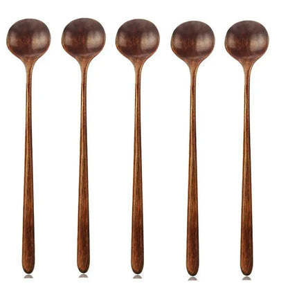 Korean Style 5 Pcs Long Spoons Wooden 10.9 inches 100% Natural Wood  Handle Round  for Soup Cooking Mixing Stirrer