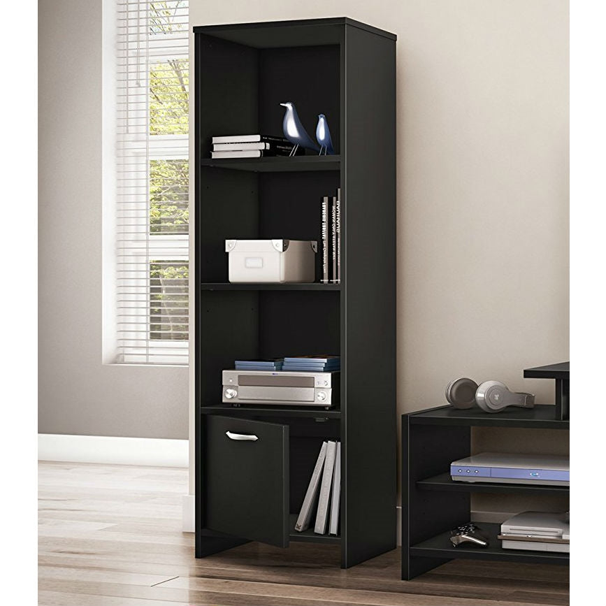 Modern Bookcase with 3 Shelves & Bottom Door in Black