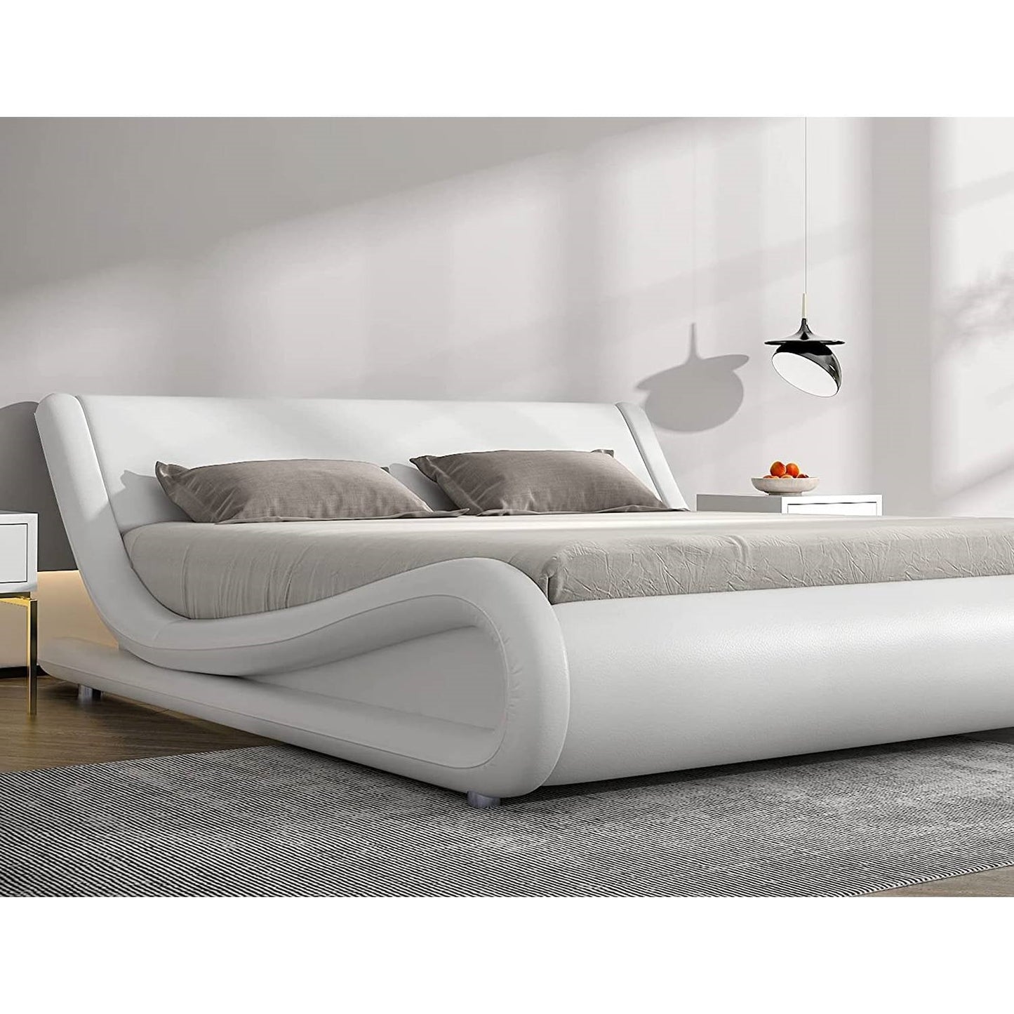 Queen Modern White Faux Leather Upholstered Platform Bed Frame with Headboard