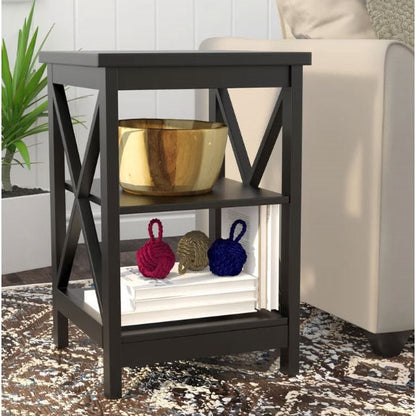 Black Wood X-Design End Table Nightstand with 3 Open Shelves