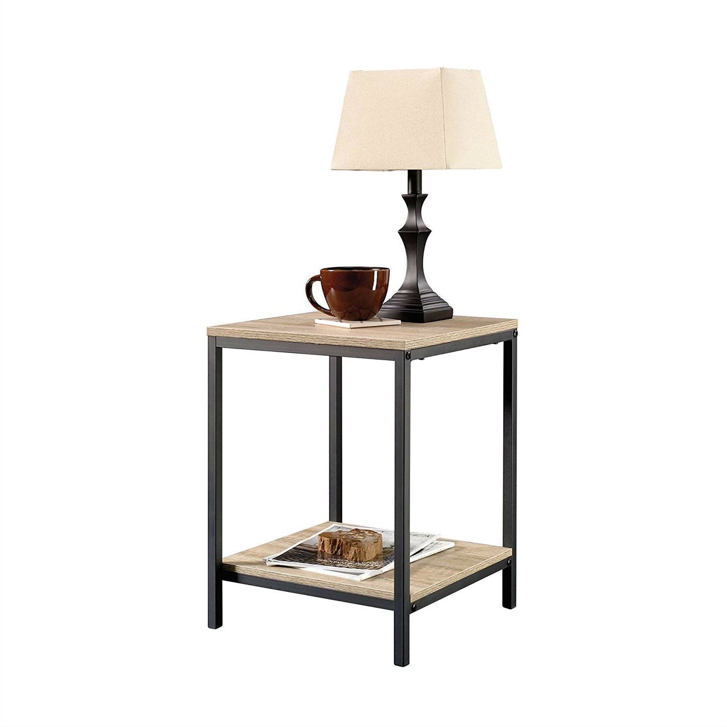 Modern Black Metal Frame End Table with Oak Finish Wood Top and Bottom Shelf