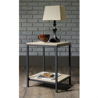 Modern Black Metal Frame End Table with Oak Finish Wood Top and Bottom Shelf