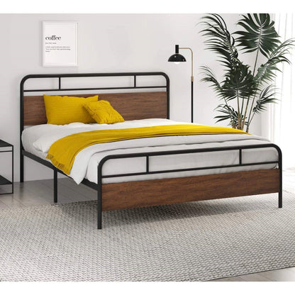 Queen Size Industrial Metal Wood Platform Bed Frame with Headboard and Footboard