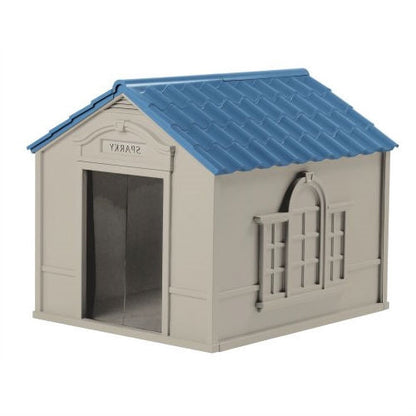 Outdoor Dog House in Taupe and Blue Roof Durable Resin - For Dogs up to 100 lbs