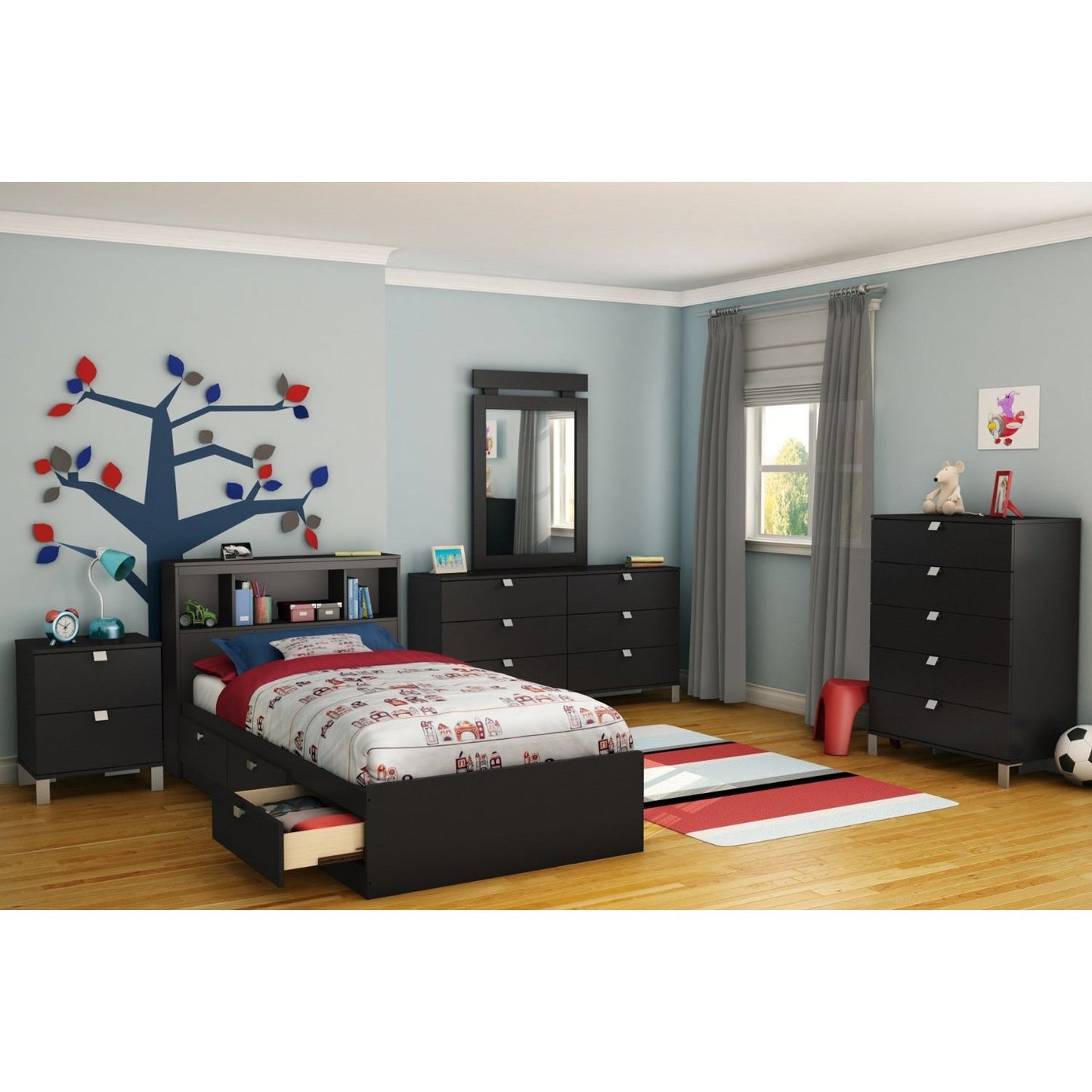 Twin-size Bookcase Headboard in Black Finish - Modern Design