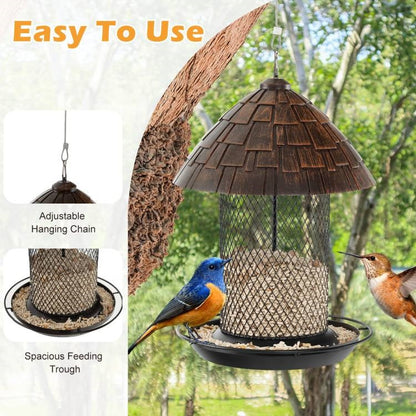 Outdoor Metal Mesh Tube Bird Feeder with Perch and Roof - Squirrel-Resistant