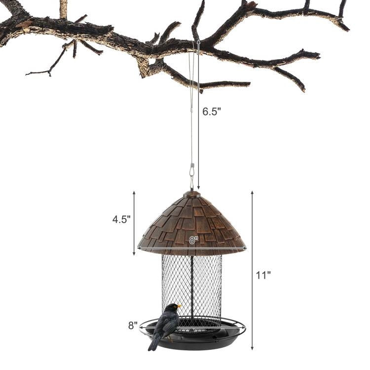 Outdoor Metal Mesh Tube Bird Feeder with Perch and Roof - Squirrel-Resistant