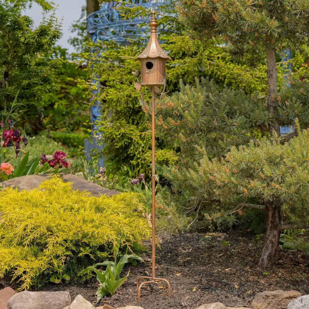 Outdoor Copper Finish Iron Gramophone Roof Birdhouse with Garden Stake