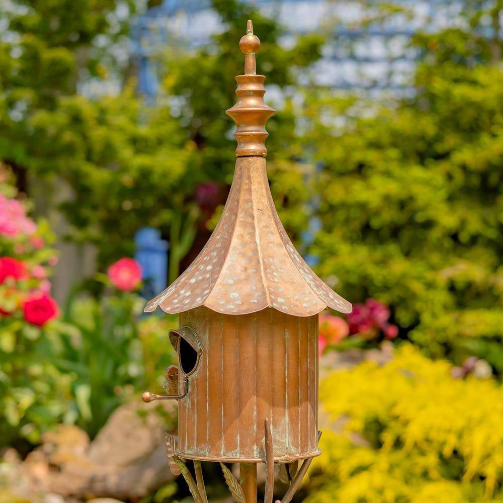 Outdoor Copper Finish Iron Gramophone Roof Birdhouse with Garden Stake