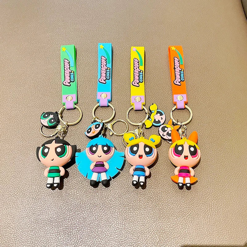 Cute Powerpuff Girls Figure Keychain Anime Cartoon Keyring Jewelry Pendent Car Key Accessories Ornament Toy Xmas Gift for Kids