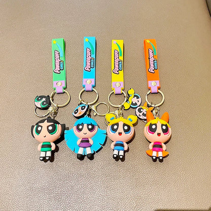 Cute Powerpuff Girls Figure Keychain Anime Cartoon Keyring Jewelry Pendent Car Key Accessories Ornament Toy Xmas Gift for Kids