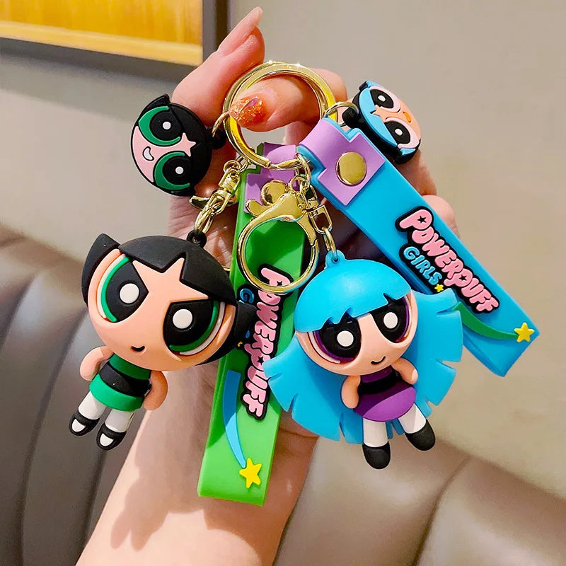 Cute Powerpuff Girls Figure Keychain Anime Cartoon Keyring Jewelry Pendent Car Key Accessories Ornament Toy Xmas Gift for Kids