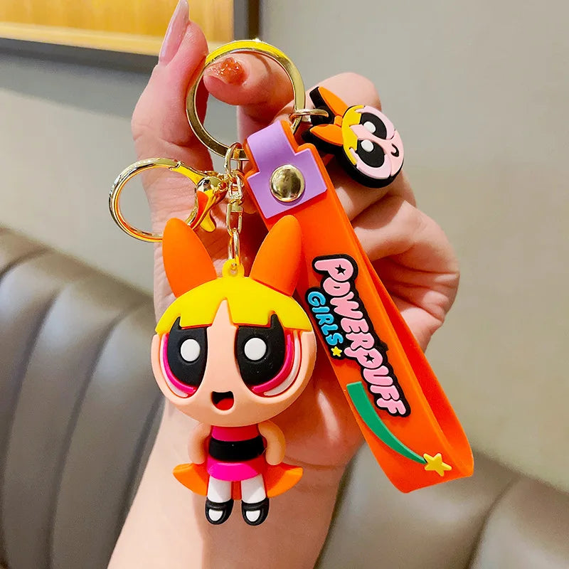 Cute Powerpuff Girls Figure Keychain Anime Cartoon Keyring Jewelry Pendent Car Key Accessories Ornament Toy Xmas Gift for Kids