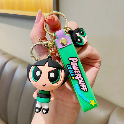 Cute Powerpuff Girls Figure Keychain Anime Cartoon Keyring Jewelry Pendent Car Key Accessories Ornament Toy Xmas Gift for Kids