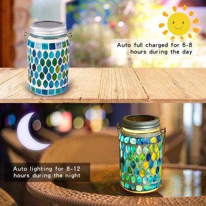 Mosaic Solar Powered Lanterns for Outdoor Hanging Mason Jar Glass Bottle Lights Waterproof for Garden Patio Pathway & Yard Décor