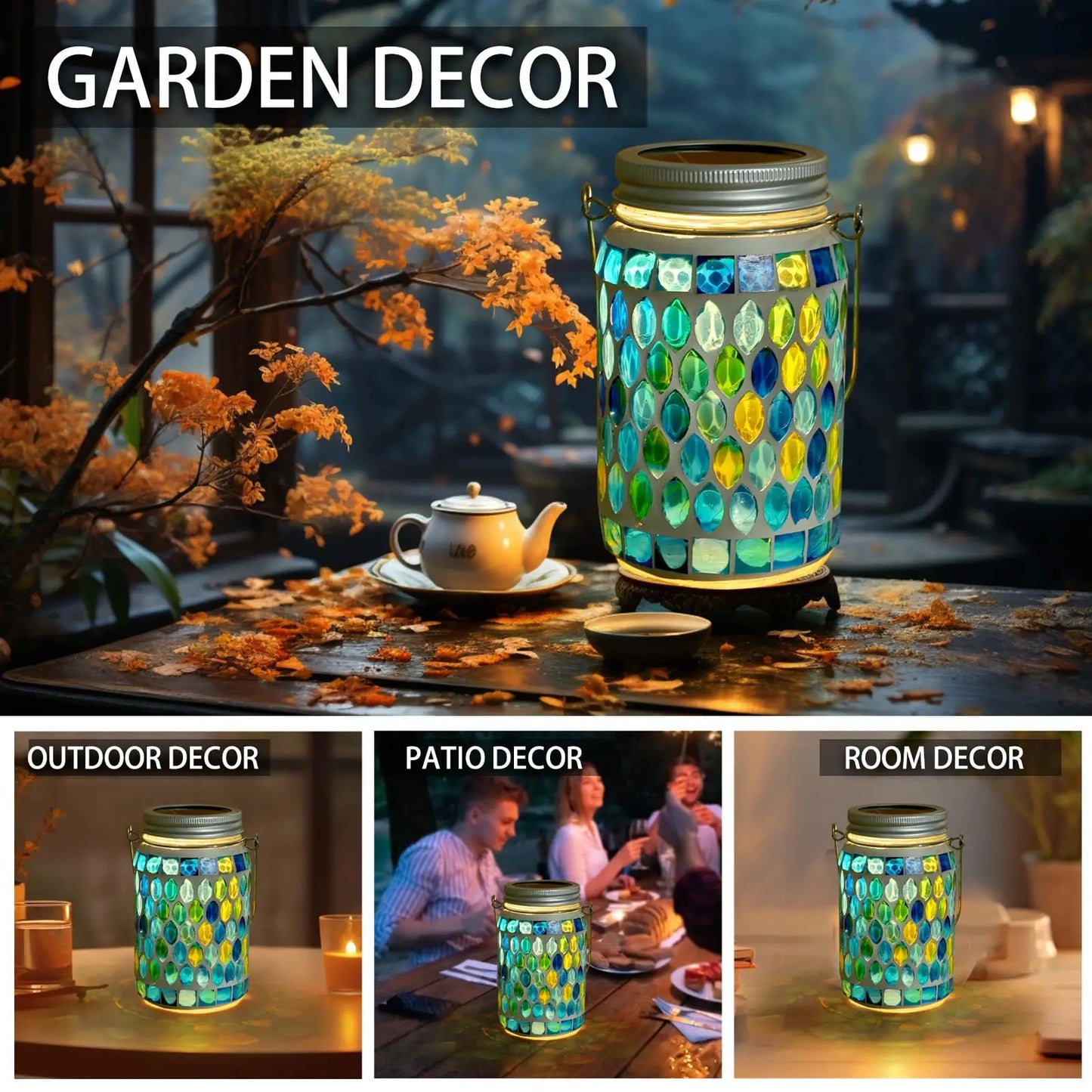 Mosaic Solar Powered Lanterns for Outdoor Hanging Mason Jar Glass Bottle Lights Waterproof for Garden Patio Pathway & Yard Décor