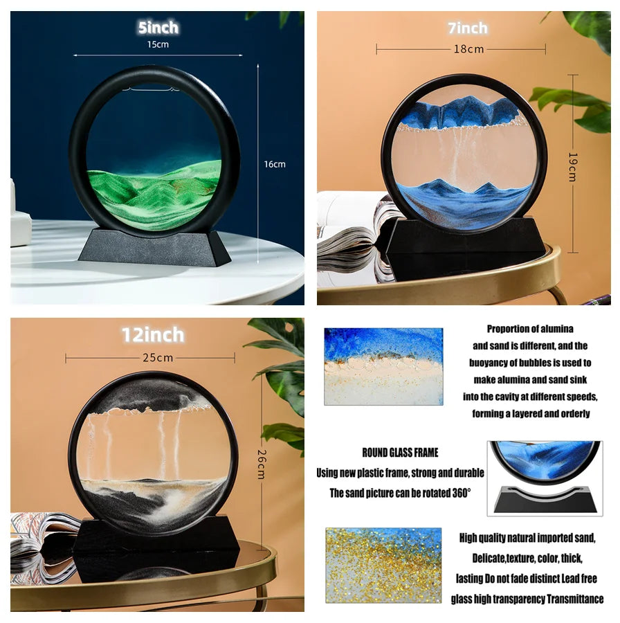 3D Moving Sand Art Picture Round Glass Deep Sea Sandscape Hourglass Quicksand Craft Flowing Painting Office Home Decor Gift