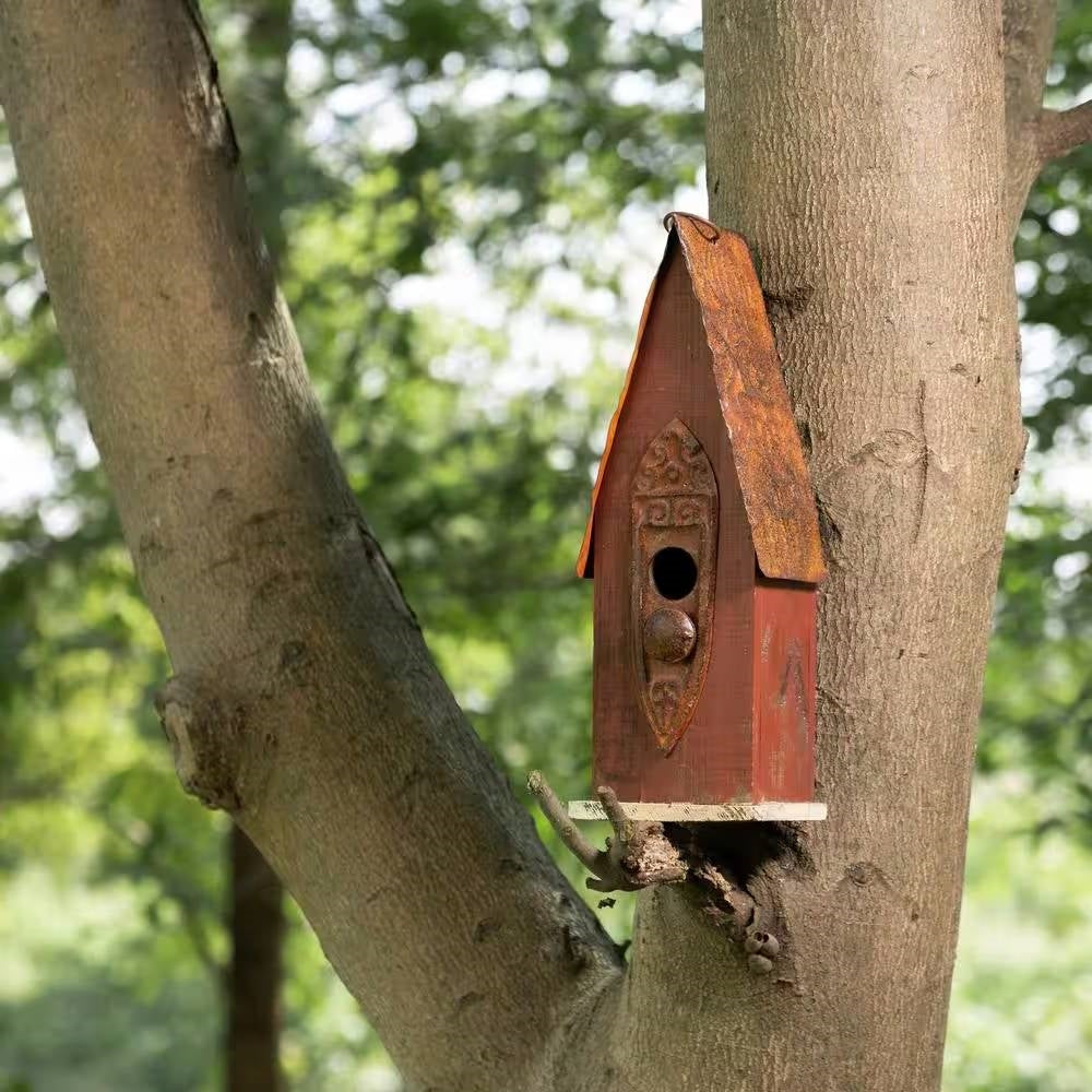 Outdoor Garden Rustic Brown Solid Wood and Iron Bird House