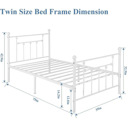 Twin Victorian Style White Metal Platform Bed Frame with Headboard Footboard