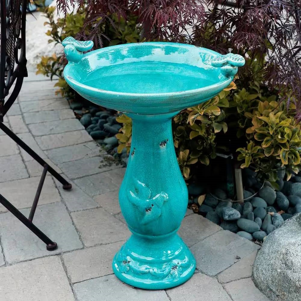 Outdoor Turquoise Blue Ceramic Birdbath