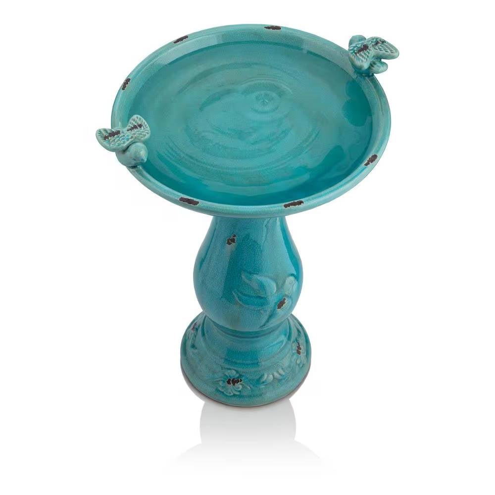 Outdoor Turquoise Blue Ceramic Birdbath