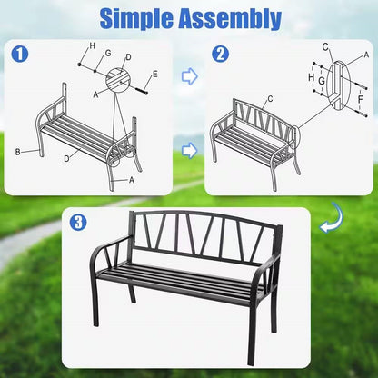 Black Metal 2-Person Outdoor Garden Bench with Armrest - 660 lbs. Max Weight