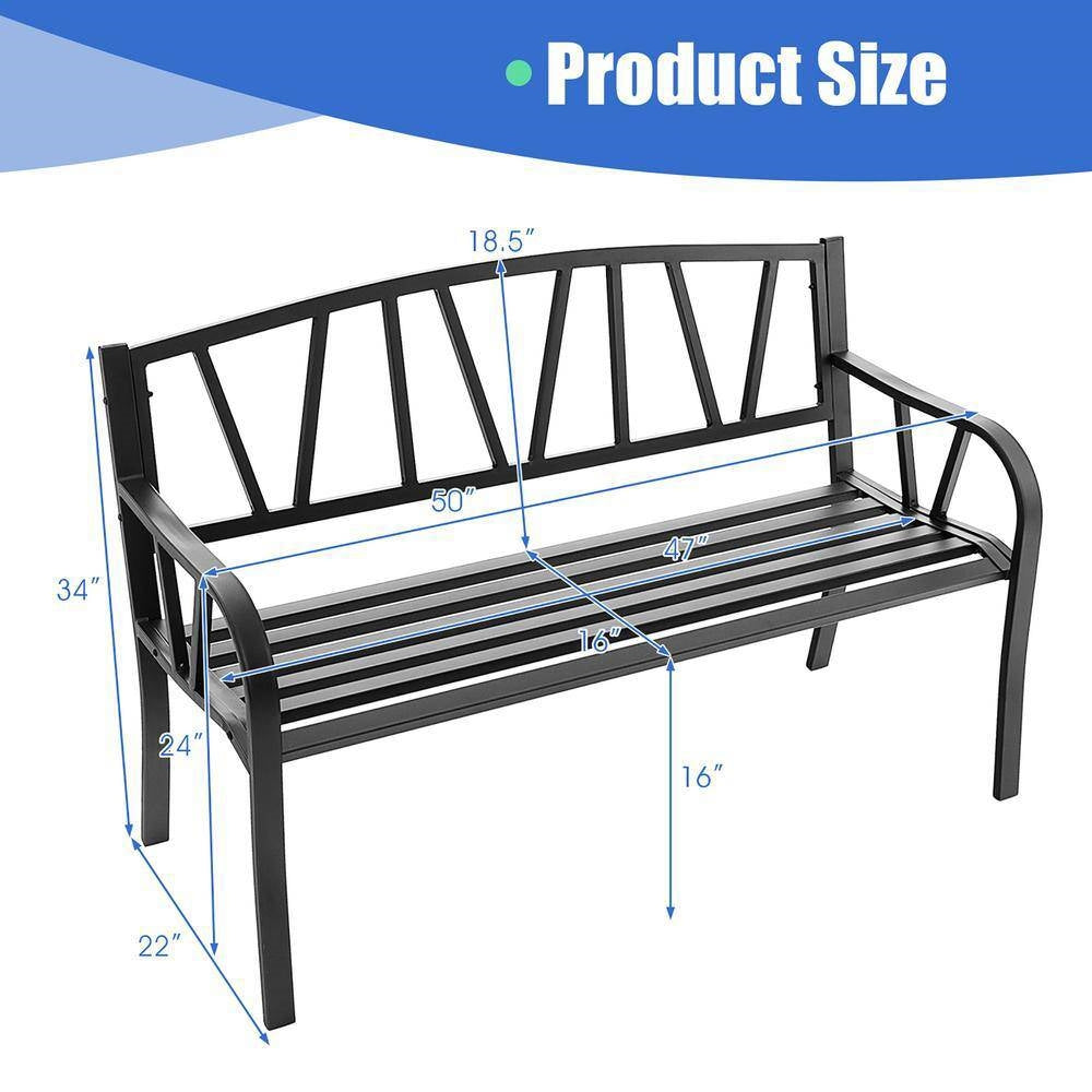 Black Metal 2-Person Outdoor Garden Bench with Armrest - 660 lbs. Max Weight