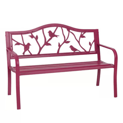 Red Steel Frame Outdoor Patio Garden Bench with Bird Branch Pattern Backrest