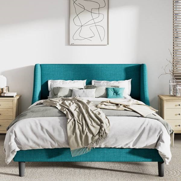 Full Size Turquoise Linen Blend Upholstered Platform Bed with Wingback Headboard