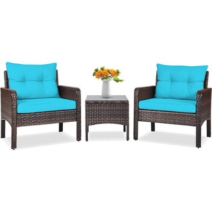 3-Piece Brown PE Rattan Outdoor Patio Furniture Dining Set w/ Turquoise Cushions