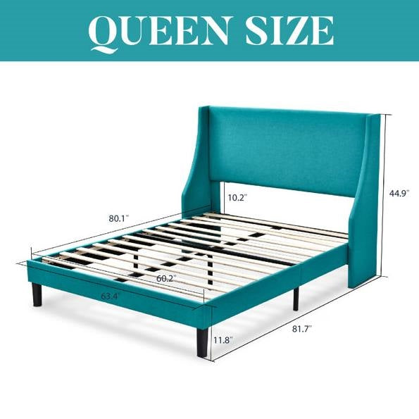 Queen Size Turquoise Linen Blend Upholstered Platform Bed with Wingback Headboard