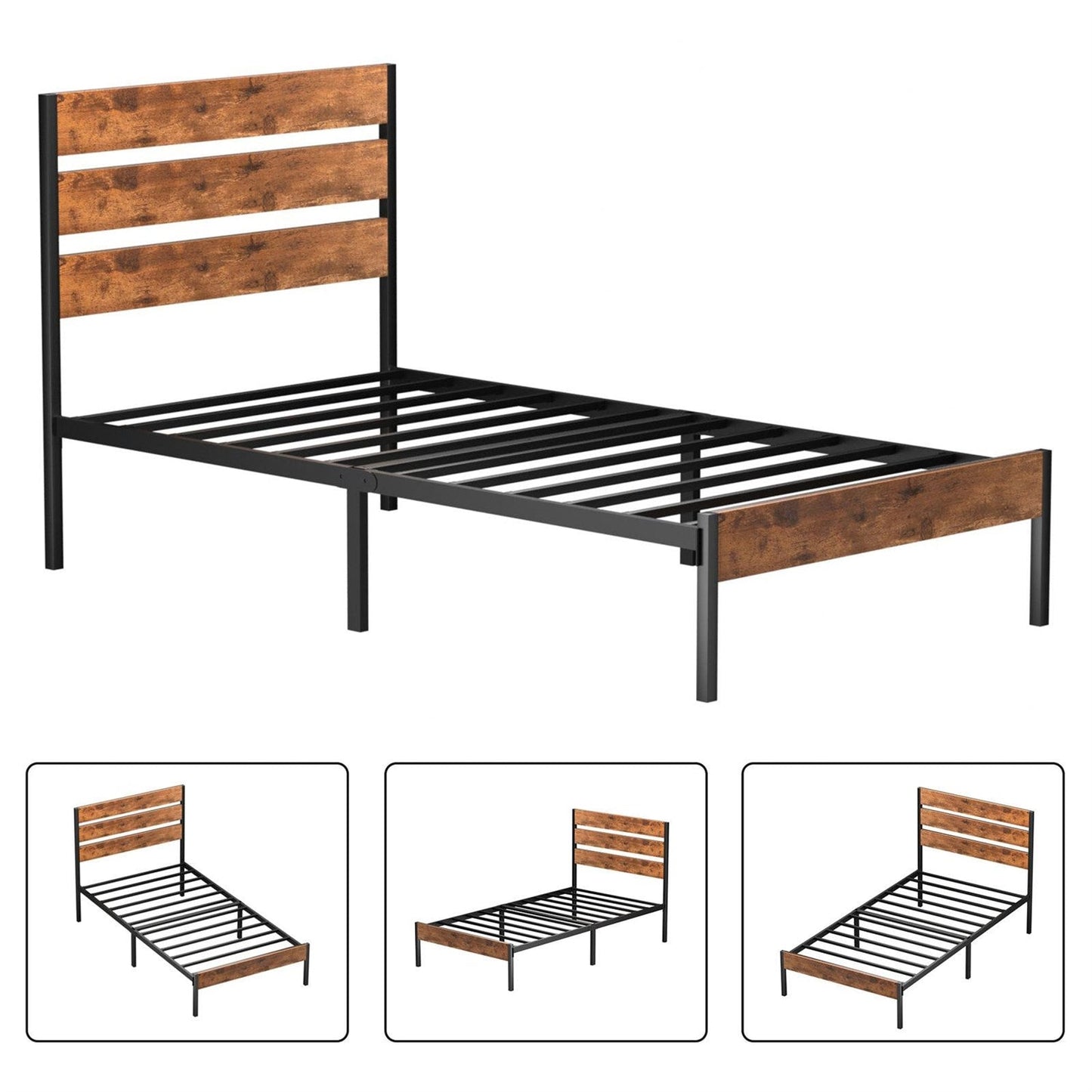 Twin Industrial Platform Bed Frame with Brown Wood Slatted Headboard Footboard