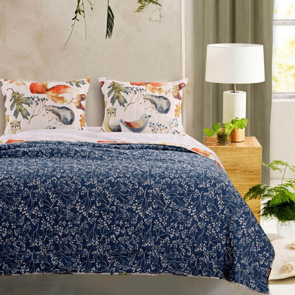 Twin 2-Piece Blue Beige Birds Animals Floral Reversible Quilt Set