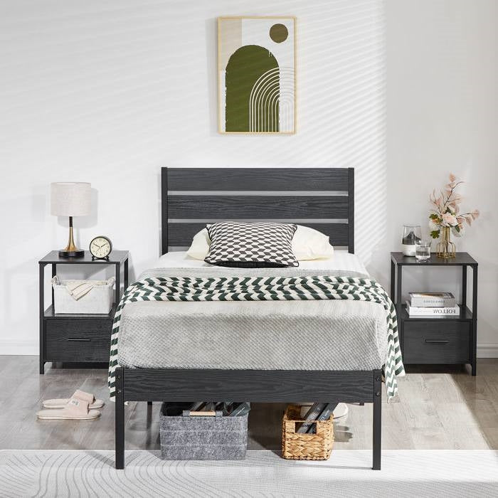 Twin size Industrial Platform Bed Frame with Wood Slatted Headboard in Black