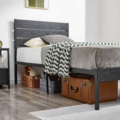 Twin size Industrial Platform Bed Frame with Wood Slatted Headboard in Black