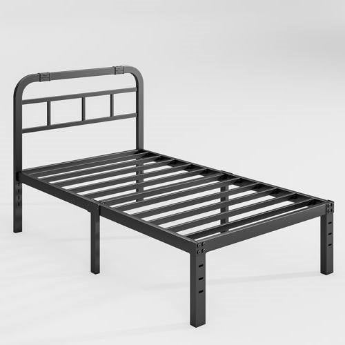 Twin Size Heavy Duty Black Metal Platform Bed Frame with Headboard