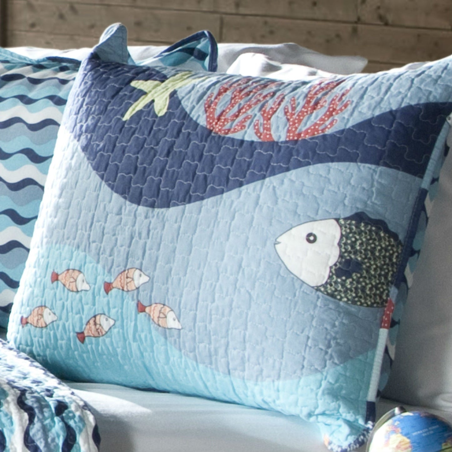 Twin Blue Serenity Sea Fish Coral Coverlet Quilt Bedspread Set