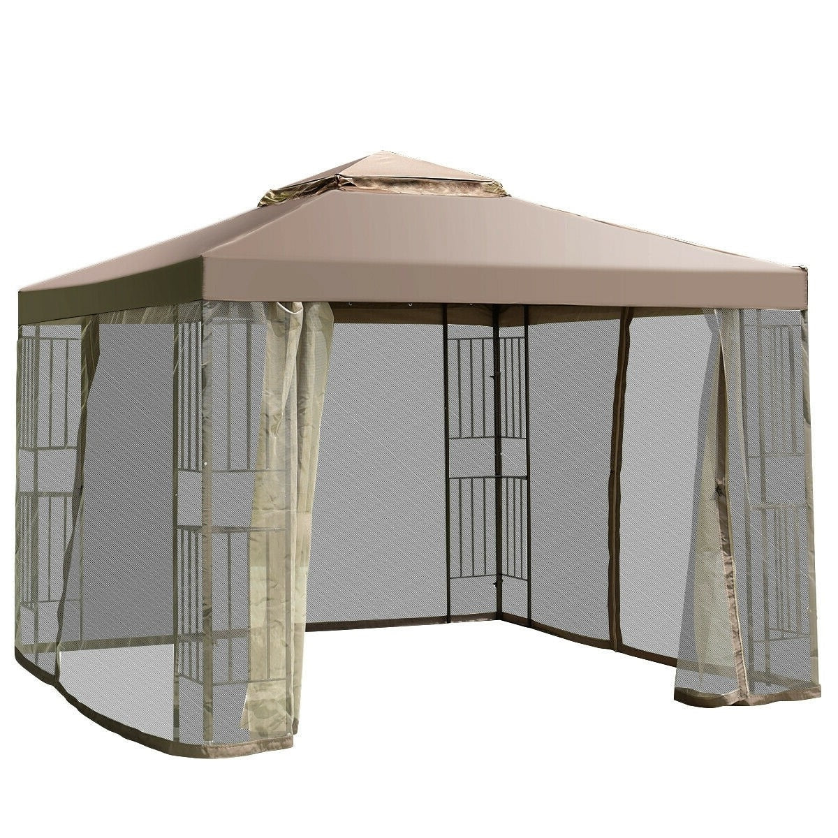 10 x 10 Ft Outdoor Patio Gazebo with Taupe Brown Canopy and Mesh Sidewalls