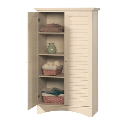 Antique White Finish Wardrobe Armoire Storage Cabinet with Louver Doors