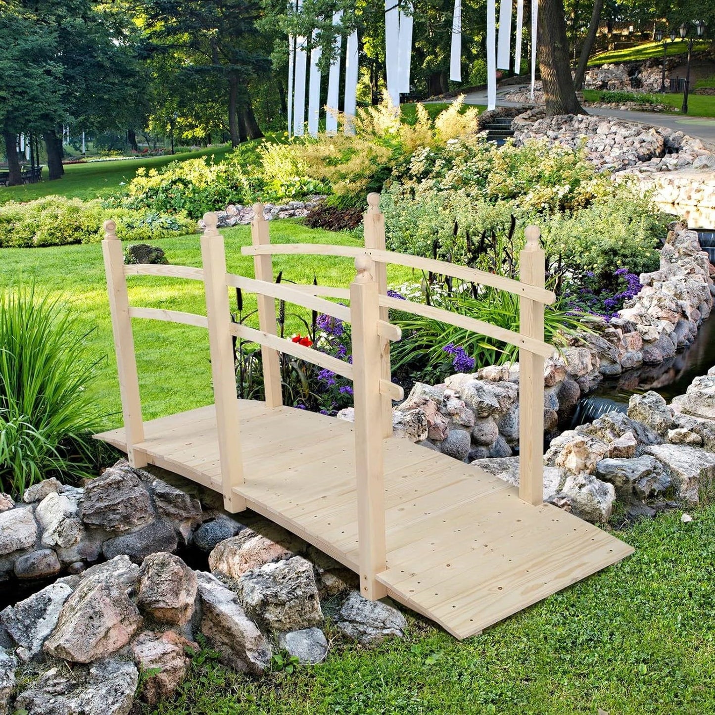 Outdoor 7.5-Ft Wooden Garden Bridge in Natural Wood Finish