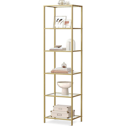 Narrow Glass Shelf Bookcase Bedroom Living Office Bath Storage Unit in Gold