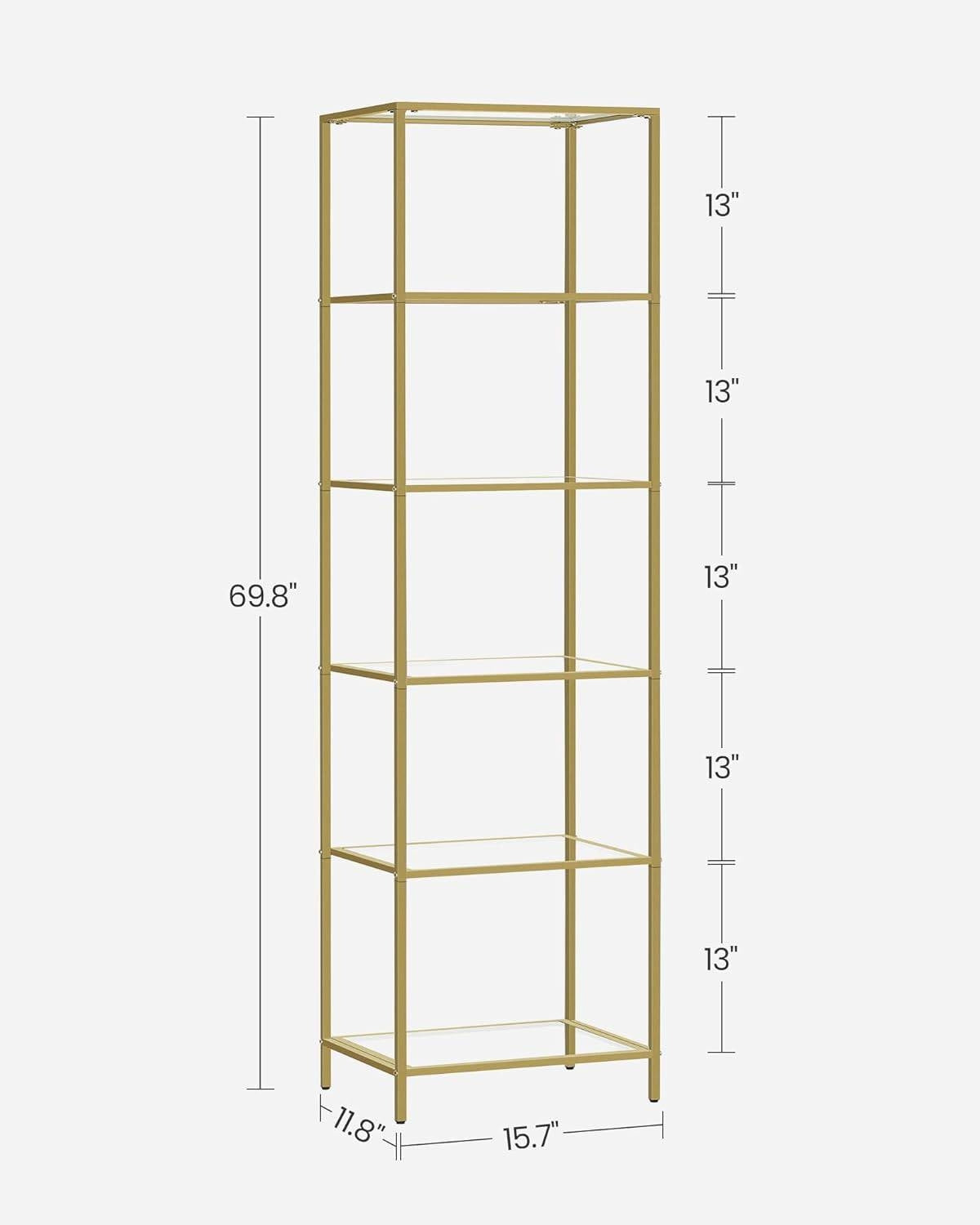 Narrow Glass Shelf Bookcase Bedroom Living Office Bath Storage Unit in Gold