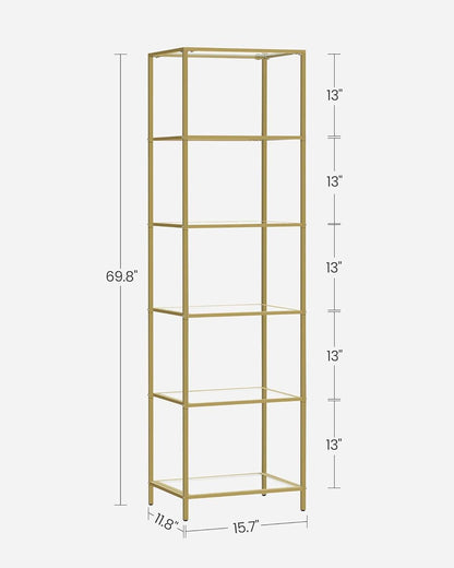 Narrow Glass Shelf Bookcase Bedroom Living Office Bath Storage Unit in Gold