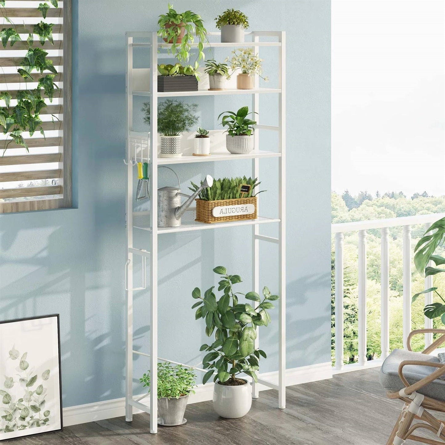White Over the Toilet Storage Freestanding Modern Metal Wood Shelving Unit