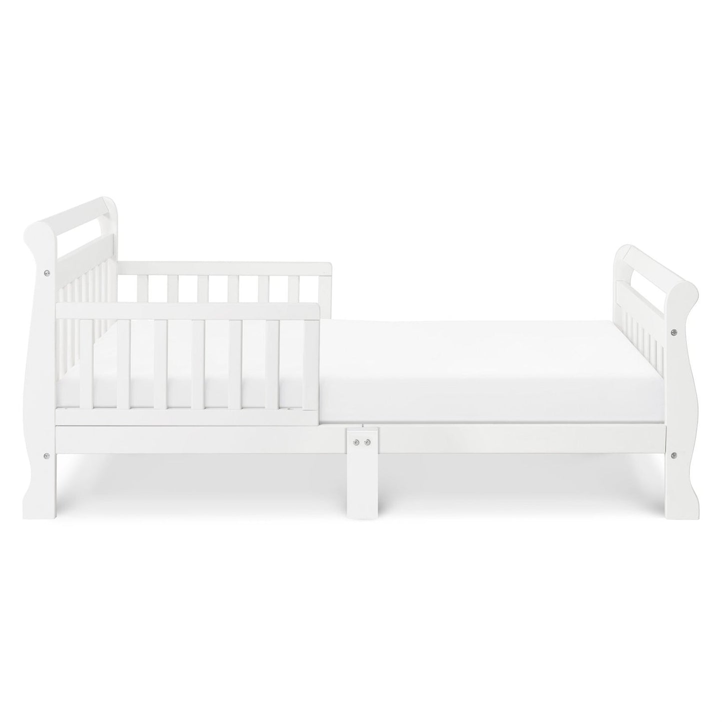 White Wooden Modern Toddler Sleigh Bed with Slatted Guard Rails