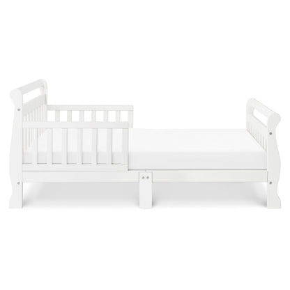 White Wooden Modern Toddler Sleigh Bed with Slatted Guard Rails