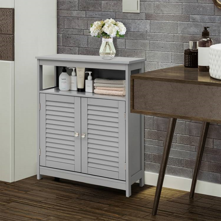 Grey Farmhouse Bathroom Linen Cabinet with Louvered Doors and Open Shelf