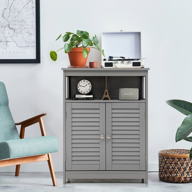 Grey Farmhouse Bathroom Linen Cabinet with Louvered Doors and Open Shelf